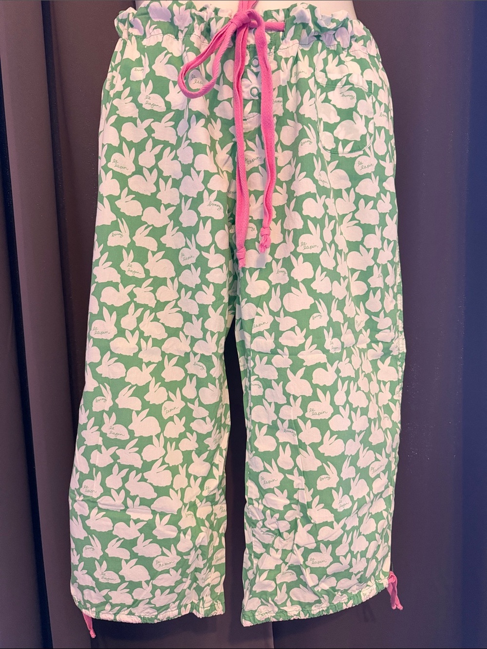PINK Victoria's Secret Green Bunny-Print Pajama Pants with Pink Drawstring